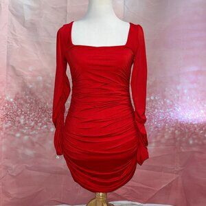 Red Stretch Ruched Long Sleeve Dress Size M